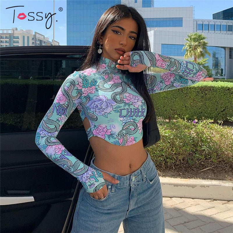 Skinny Backless Floral Crop Top Printed Short Tee Vintage High Streetwear Bodycon Turtleneck Tshirts Summer Top The Clothing Company Sydney