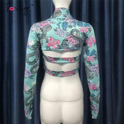 Skinny Backless Floral Crop Top Printed Short Tee Vintage High Streetwear Bodycon Turtleneck Tshirts Summer Top The Clothing Company Sydney