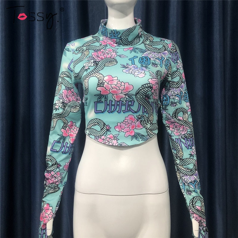 Skinny Backless Floral Crop Top Printed Short Tee Vintage High Streetwear Bodycon Turtleneck Tshirts Summer Top The Clothing Company Sydney