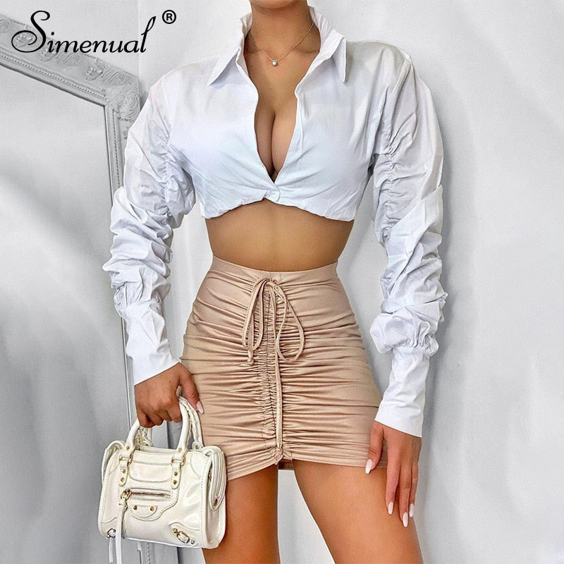 Button Ruched White Puff Sleeve Blouse Shirts Women's Long Sleeve Crop Blouses Solid Top The Clothing Company Sydney