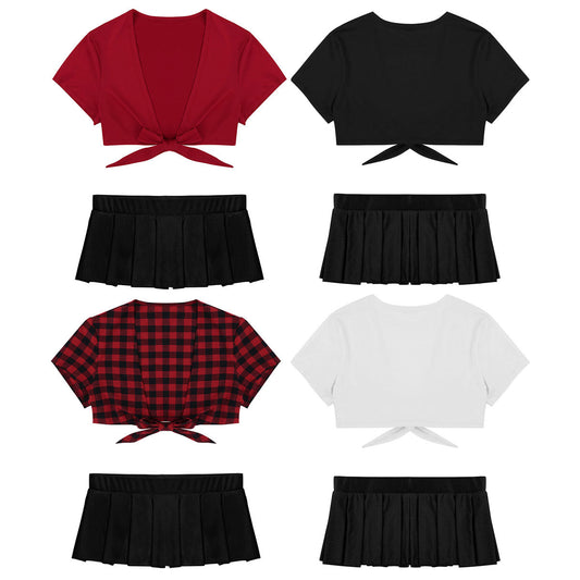 Cosplay Schoolgirl Costume Outfit Short Sleeve Night Clubwear Deep V Crop Top Pleated Mini Skirt The Clothing Company Sydney