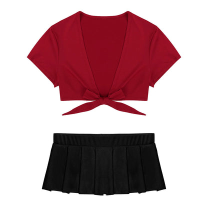 Cosplay Schoolgirl Costume Outfit Short Sleeve Night Clubwear Deep V Crop Top Pleated Mini Skirt The Clothing Company Sydney