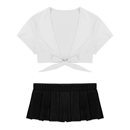 Cosplay Schoolgirl Costume Outfit Short Sleeve Night Clubwear Deep V Crop Top Pleated Mini Skirt The Clothing Company Sydney