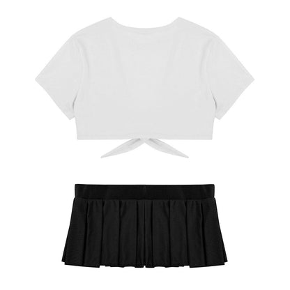 Cosplay Schoolgirl Costume Outfit Short Sleeve Night Clubwear Deep V Crop Top Pleated Mini Skirt The Clothing Company Sydney