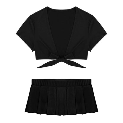 Cosplay Schoolgirl Costume Outfit Short Sleeve Night Clubwear Deep V Crop Top Pleated Mini Skirt The Clothing Company Sydney