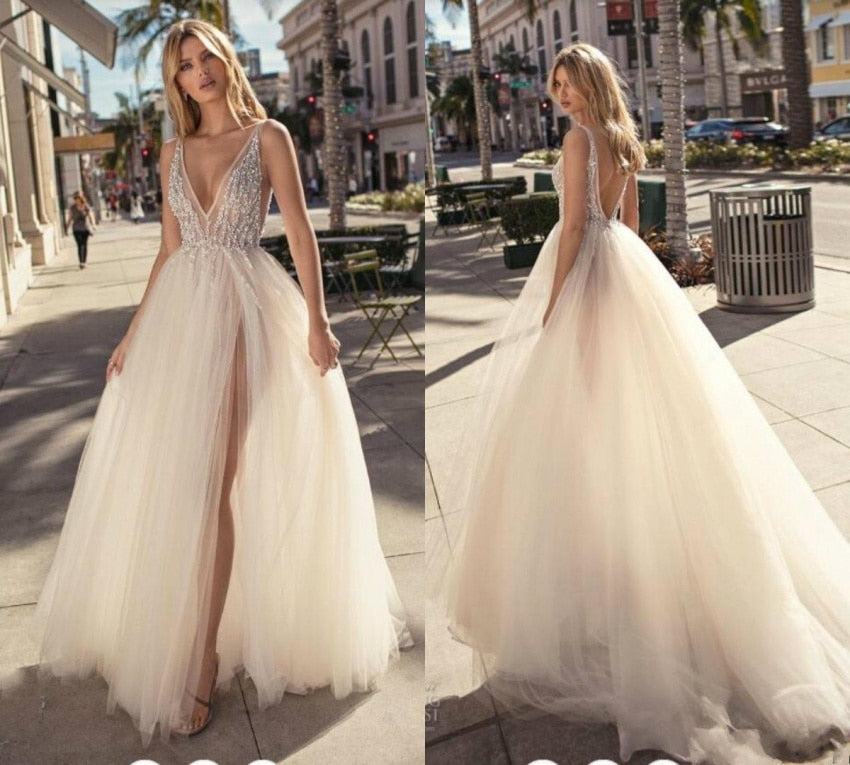 Tulle Evening Gown Backless V-Neck High Split Prom Party Gowns Custom Made Special Occasion Dresses The Clothing Company Sydney