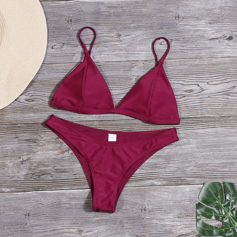 Triangle Solid Bathing Suit Swimwear Summer Beach Wear Low Waist Red Swimsuit Bikini Set The Clothing Company Sydney