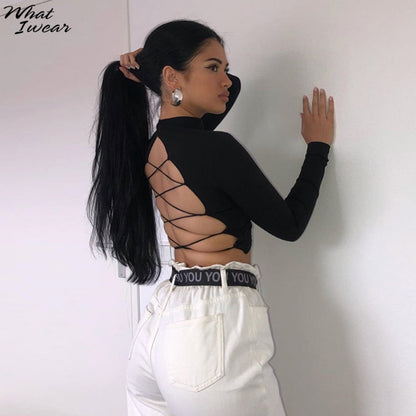 Cotton mix hollow out sexy tshirt bandage backless long sleeve tops slim bodycon streetwear The Clothing Company Sydney