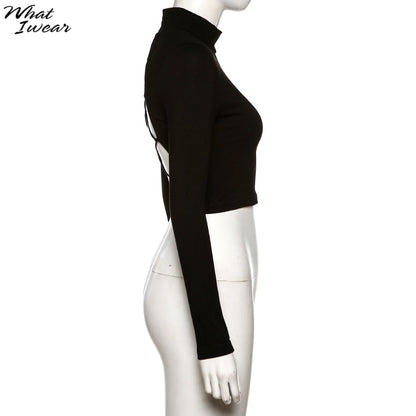 Cotton mix hollow out sexy tshirt bandage backless long sleeve tops slim bodycon streetwear The Clothing Company Sydney