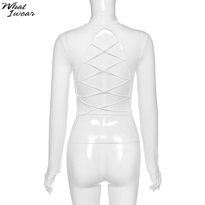 Cotton mix hollow out sexy tshirt bandage backless long sleeve tops slim bodycon streetwear The Clothing Company Sydney
