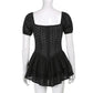 V Neck Ruffles Pleated Puff Sleeve Chic Black Summer Party Hollow Out Vintage Corset Dress The Clothing Company Sydney