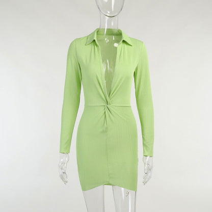 Autumn Fashion Turn-Down Collar Shirt Ruched V Neck Long Sleeve Button Up Mini Dress The Clothing Company Sydney