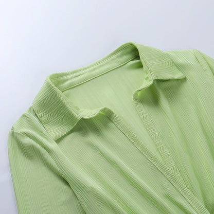 Autumn Fashion Turn-Down Collar Shirt Ruched V Neck Long Sleeve Button Up Mini Dress The Clothing Company Sydney