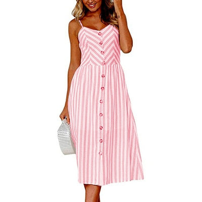 Summer Midi Women's Sling Backless Sleeveless Button Striped Dot Print Solid Beach Dress With Pockets The Clothing Company Sydney