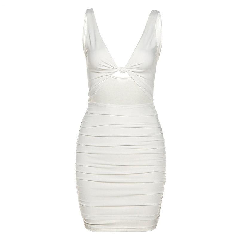 Elegant V Neck White Summer Spaghetti Strap Sleeveless Cut Out Ruched Bodycon Dress Outfit The Clothing Company Sydney