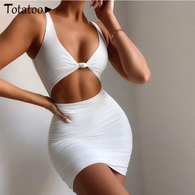 Elegant V Neck White Summer Spaghetti Strap Sleeveless Cut Out Ruched Bodycon Dress Outfit The Clothing Company Sydney