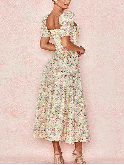 Summer Floral Print Party Long Dresses Puff Short Sleeve Elegant Club Chic Maxi Split Dresses The Clothing Company Sydney