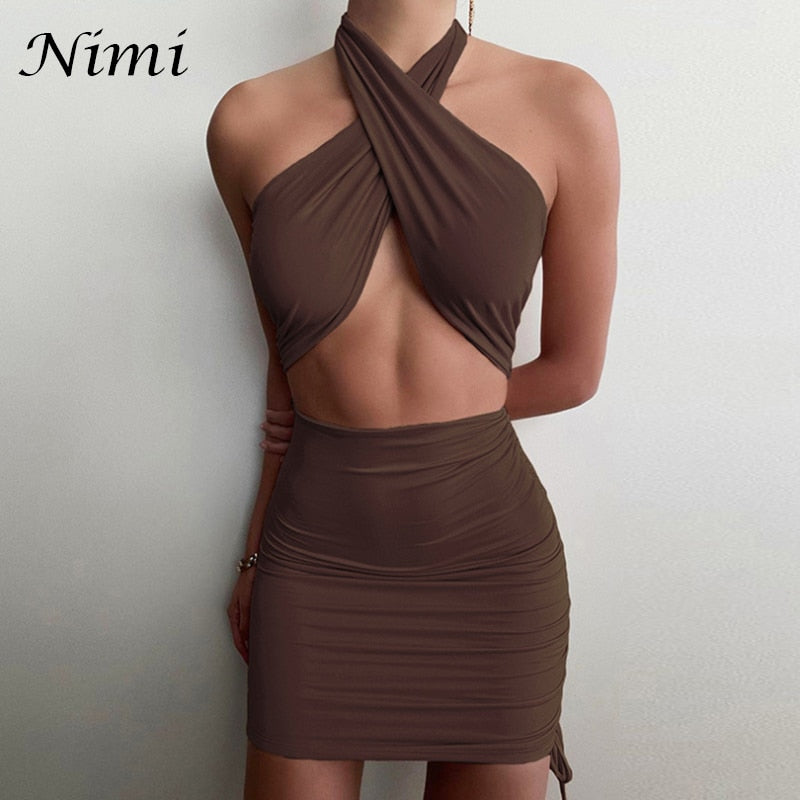Halter Sexy Mini Summer Clothing Cross Bandage Hollow Out Party Fashion Slim Sleeveless Off Shoulder Dress The Clothing Company Sydney