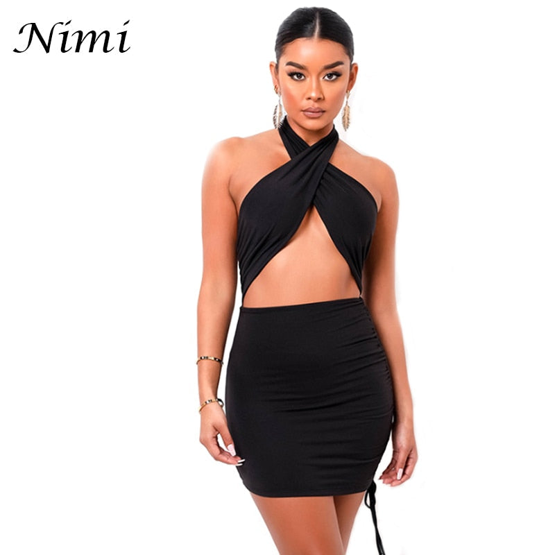 Halter Sexy Mini Summer Clothing Cross Bandage Hollow Out Party Fashion Slim Sleeveless Off Shoulder Dress The Clothing Company Sydney