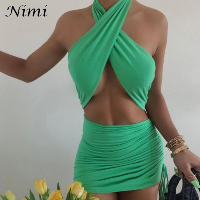 Halter Sexy Mini Summer Clothing Cross Bandage Hollow Out Party Fashion Slim Sleeveless Off Shoulder Dress The Clothing Company Sydney