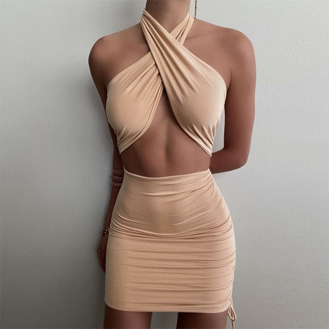 Halter Sexy Mini Summer Clothing Cross Bandage Hollow Out Party Fashion Slim Sleeveless Off Shoulder Dress The Clothing Company Sydney