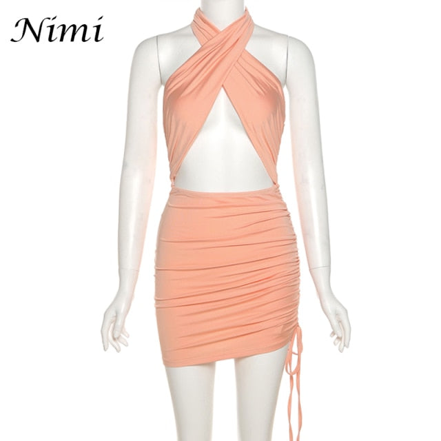 Halter Sexy Mini Summer Clothing Cross Bandage Hollow Out Party Fashion Slim Sleeveless Off Shoulder Dress The Clothing Company Sydney