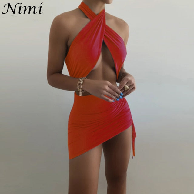 Halter Sexy Mini Summer Clothing Cross Bandage Hollow Out Party Fashion Slim Sleeveless Off Shoulder Dress The Clothing Company Sydney