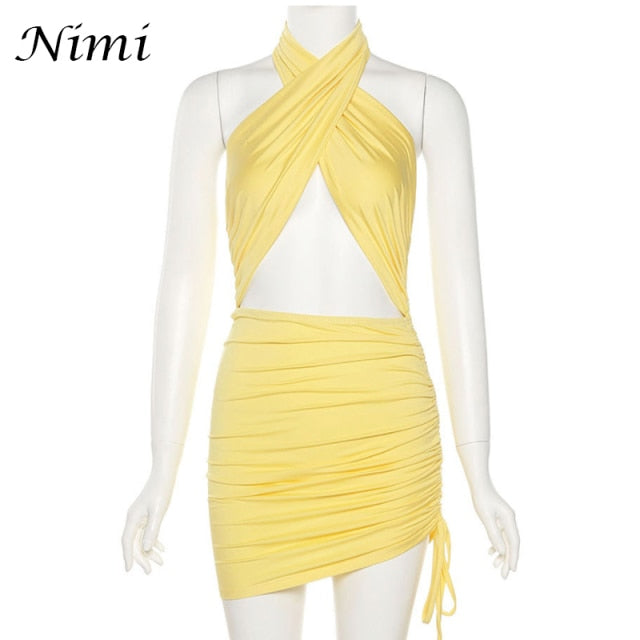 Halter Sexy Mini Summer Clothing Cross Bandage Hollow Out Party Fashion Slim Sleeveless Off Shoulder Dress The Clothing Company Sydney