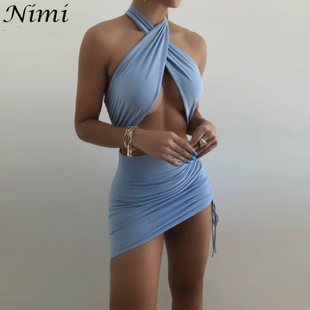 Halter Sexy Mini Summer Clothing Cross Bandage Hollow Out Party Fashion Slim Sleeveless Off Shoulder Dress The Clothing Company Sydney