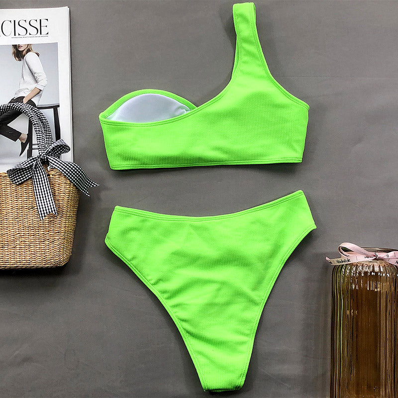 2 Piece One Shoulder Swimsuit High Waist Swimwear Ring Ribbed Brazilian  Bikini Set