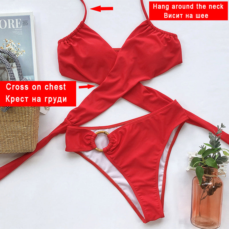 2 Piece One Shoulder Swimsuit High Waist Swimwear Ring Ribbed Brazilian Bikini Set The Clothing Company Sydney