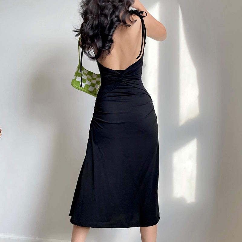 Strappy Ruched Black Irregular Elegant Backless Long Dress Party Summer Dress The Clothing Company Sydney