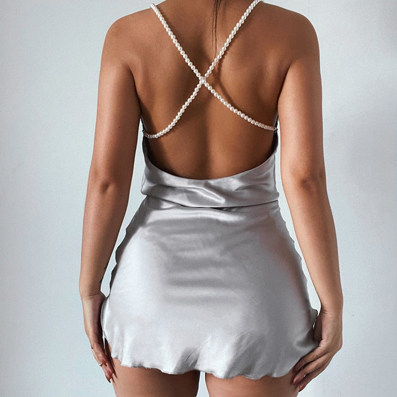 Sexy Silk Solid Pearl Sling Strapless Backless Split Ultra Short Summer Nightclub Club Party Dress The Clothing Company Sydney