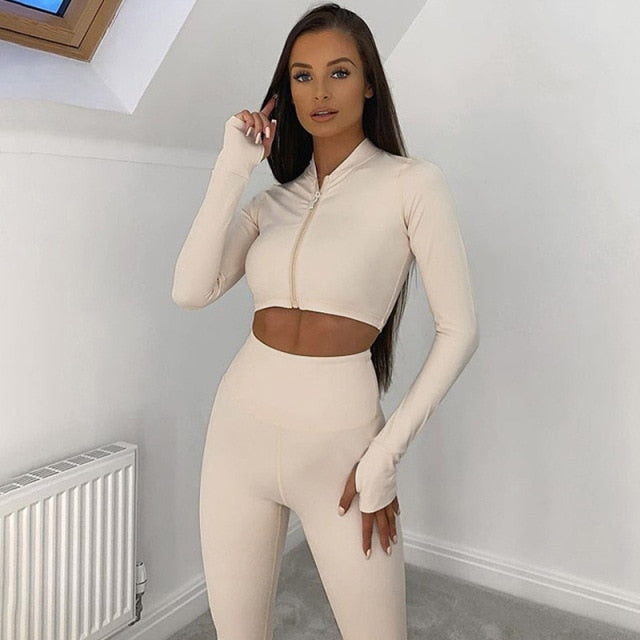 Autumn Winter 2 Two Piece Set Long Sleeve Crop Tops T shirt Leggings Pants Set Bodycon Sport Fitness Tracksuit The Clothing Company Sydney