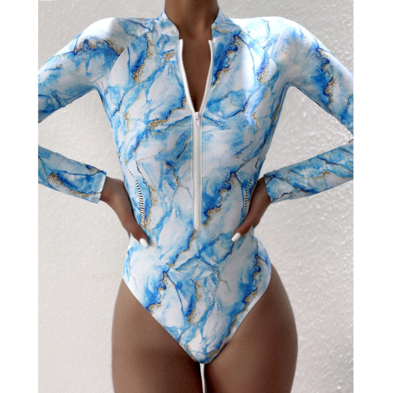 Summer Print Zipper One Piece Swimsuit Closed Long Sleeve Swimwear Sports Surfing Swimming Bathing Suit Beach Wear The Clothing Company Sydney