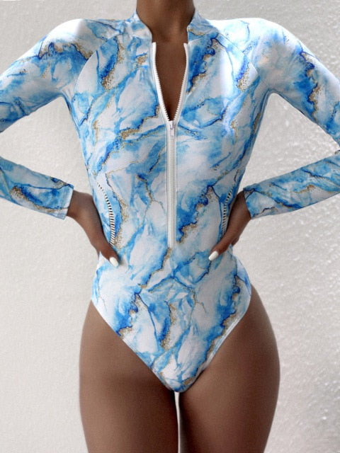 Summer Print Zipper One Piece Swimsuit Closed Long Sleeve Swimwear Sports Surfing Swimming Bathing Suit Beach Wear The Clothing Company Sydney