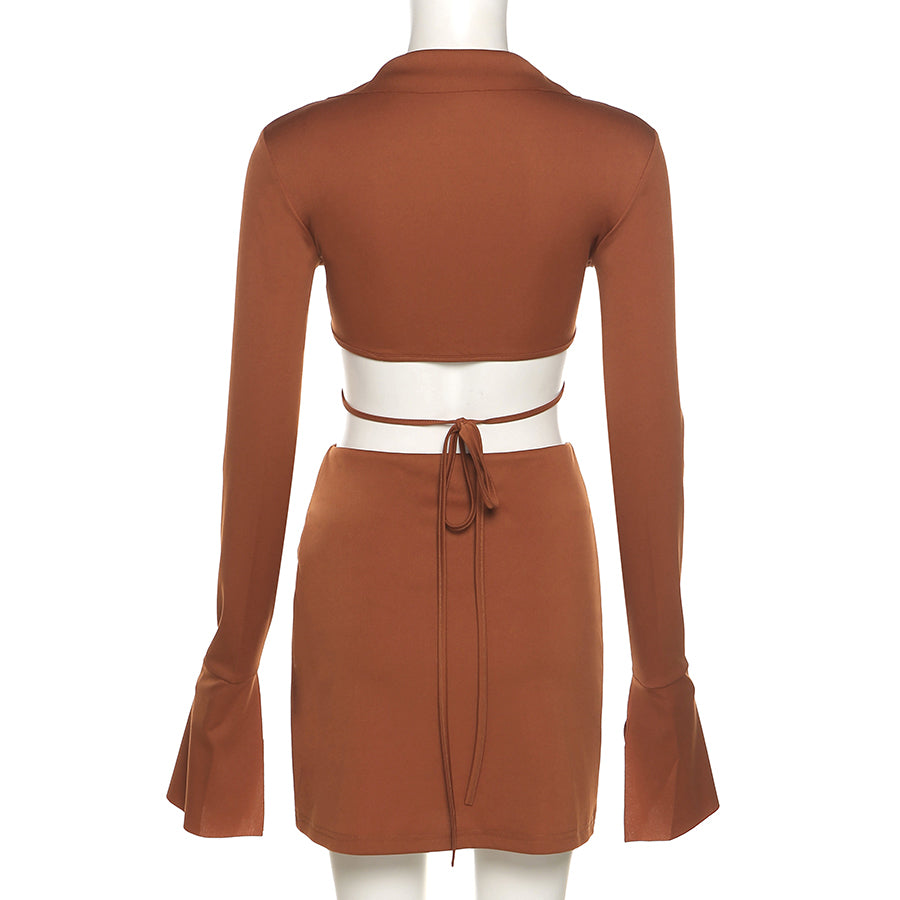 Autumn Casual Two Piece Skirts Sets Long Lantern Sleeve Lace Up Tops+Side Slit Mini Skirts Outfits The Clothing Company Sydney