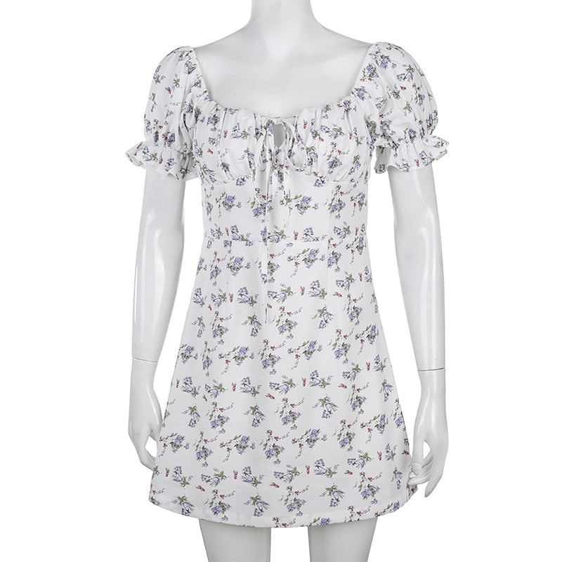 White Floral Bandage Ruched Office Puff  Sleeve High Street A line Summer Casual Mini Dress The Clothing Company Sydney