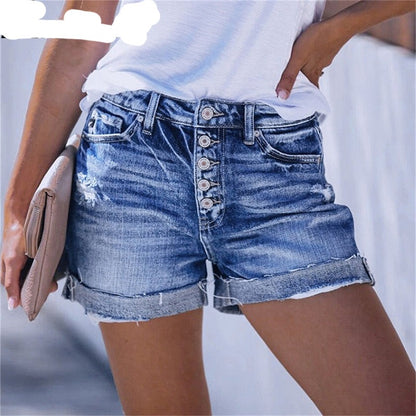 Summer High Waist Jeans Plus Size Ripped Casual Slim Fashion Elastic Blue Buttons Washed Short Denim Shorts The Clothing Company Sydney