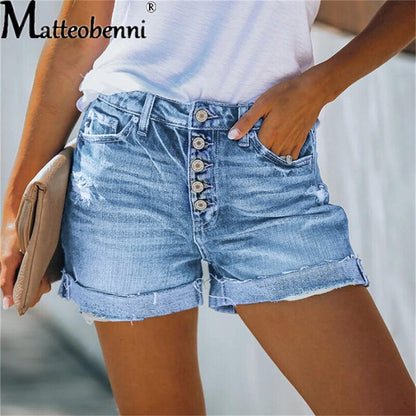 Summer High Waist Jeans Plus Size Ripped Casual Slim Fashion Elastic Blue Buttons Washed Short Denim Shorts The Clothing Company Sydney