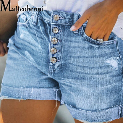Summer High Waist Jeans Plus Size Ripped Casual Slim Fashion Elastic Blue Buttons Washed Short Denim Shorts The Clothing Company Sydney