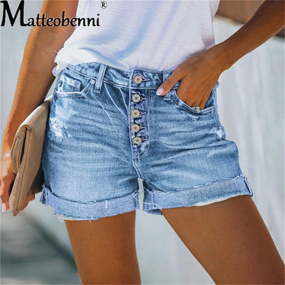 Summer High Waist Jeans Plus Size Ripped Casual Slim Fashion Elastic Blue Buttons Washed Short Denim Shorts The Clothing Company Sydney