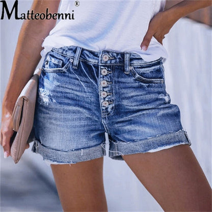 Summer High Waist Jeans Plus Size Ripped Casual Slim Fashion Elastic Blue Buttons Washed Short Denim Shorts The Clothing Company Sydney