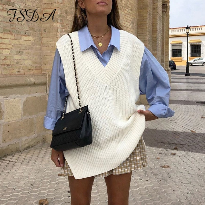 V Neck Sleeveless Sweater Vest Knitted Jumper Autumn Winter Split White Preppy Pullover Loose Top The Clothing Company Sydney