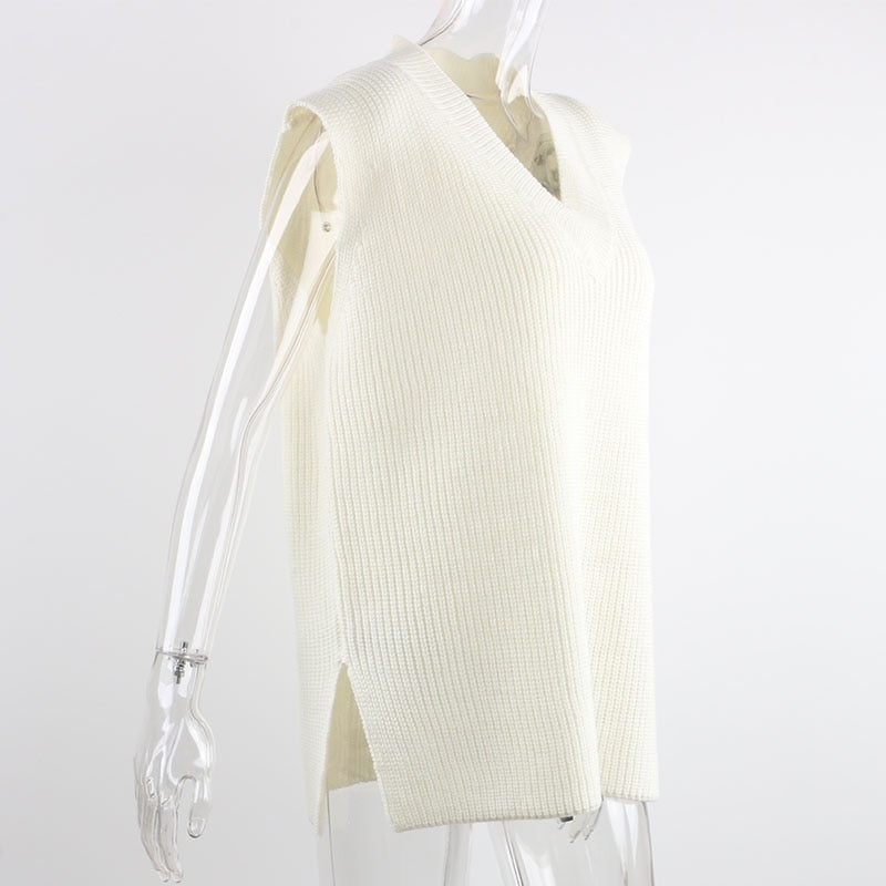 V Neck Sleeveless Sweater Vest Knitted Jumper Autumn Winter Split White Preppy Pullover Loose Top The Clothing Company Sydney