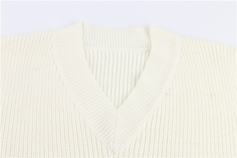 V Neck Sleeveless Sweater Vest Knitted Jumper Autumn Winter Split White Preppy Pullover Loose Top The Clothing Company Sydney