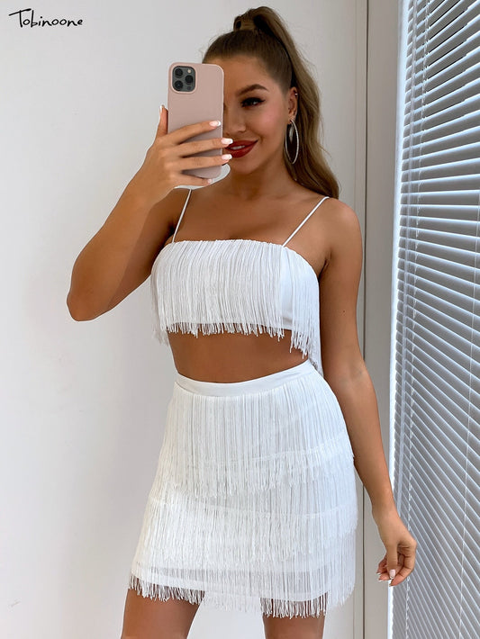 2 Piece Summer Tassel Elegant Club Party Off Shoulder Tassel Embellished Mini Fringe Dress The Clothing Company Sydney