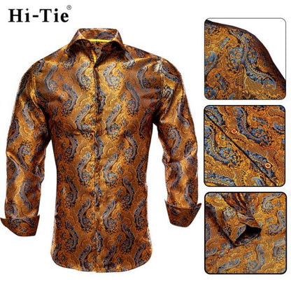 Blue Men's Shirts Paisley Floral Silk Gold Long Sleeve Casual Shirt Business Party Wedding Dress Shirt The Clothing Company Sydney