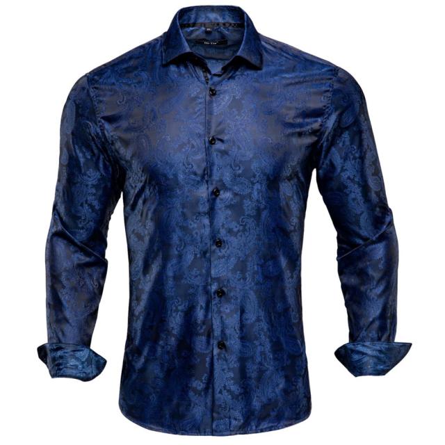 Blue Men's Shirts Paisley Floral Silk Gold Long Sleeve Casual Shirt Business Party Wedding Dress Shirt The Clothing Company Sydney