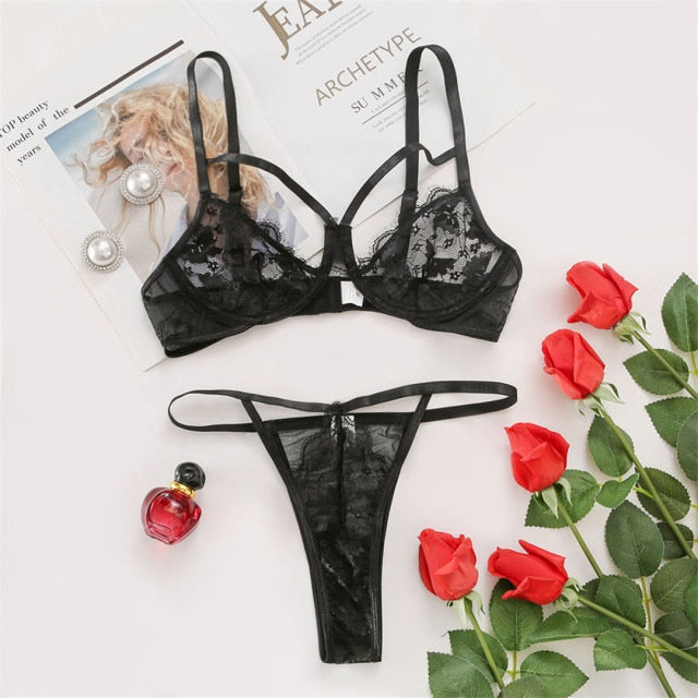 2 Piece Underwear Lingerie Underwired Bra Brief Sets Hollow Out Transparent Lace Women's Underwear Set The Clothing Company Sydney